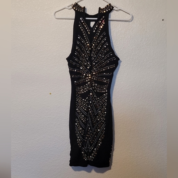 Paradiso Black and Gold Rhinestone Gem Embellished Mini Halter Dress Size Large - Picture 5 of 15
